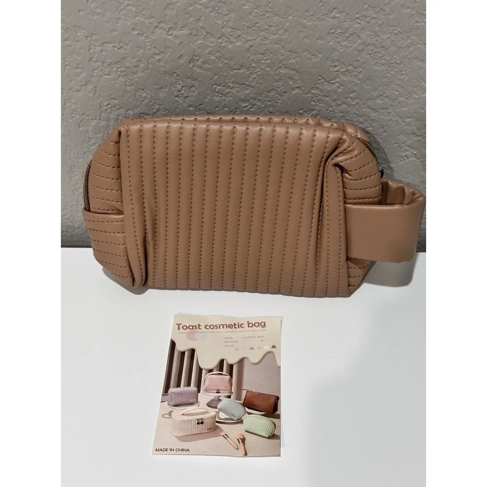 Love Peace Camel Tan Zipper Makeup Bag Cosmetic Pouch Handle 8x5 in